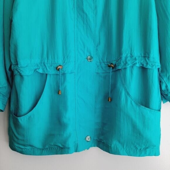 Vintage BERNARDO \ 100% Silk 90's Windbreaker Long Jacket Bright Blue M Flawed - Picture 3 of 15